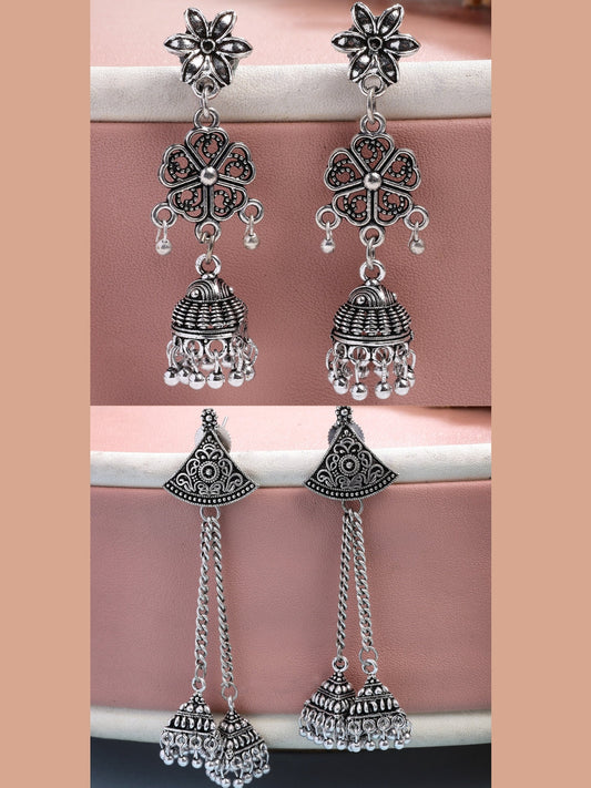NVR Women Set of 2 Silver Toned Oxidized Jhumka Earrings - Swadesiicart