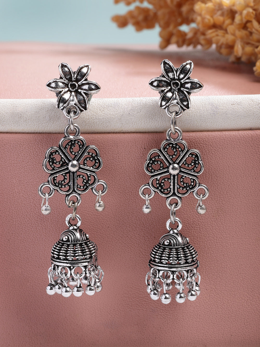 NVR Women Set of 2 Silver Toned Oxidized Jhumka Earrings - Swadesiicart