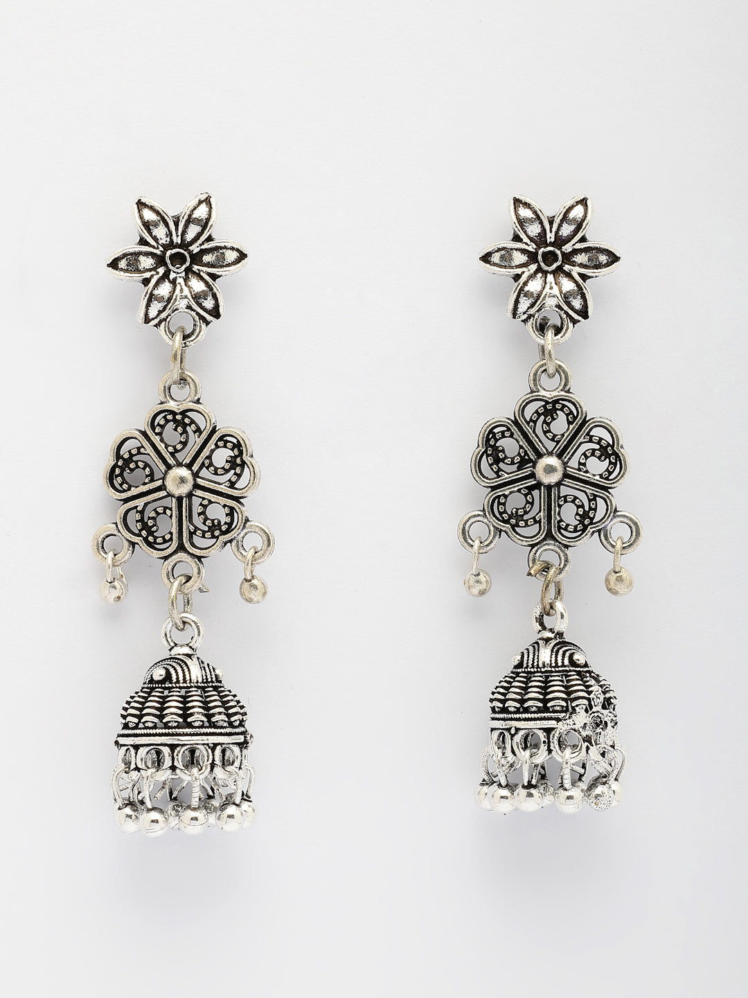 NVR Women Set of 2 Silver Toned Oxidized Jhumka Earrings - Swadesiicart