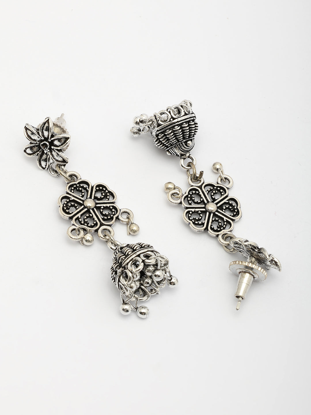 NVR Women Set of 2 Silver Toned Oxidized Jhumka Earrings - Swadesiicart