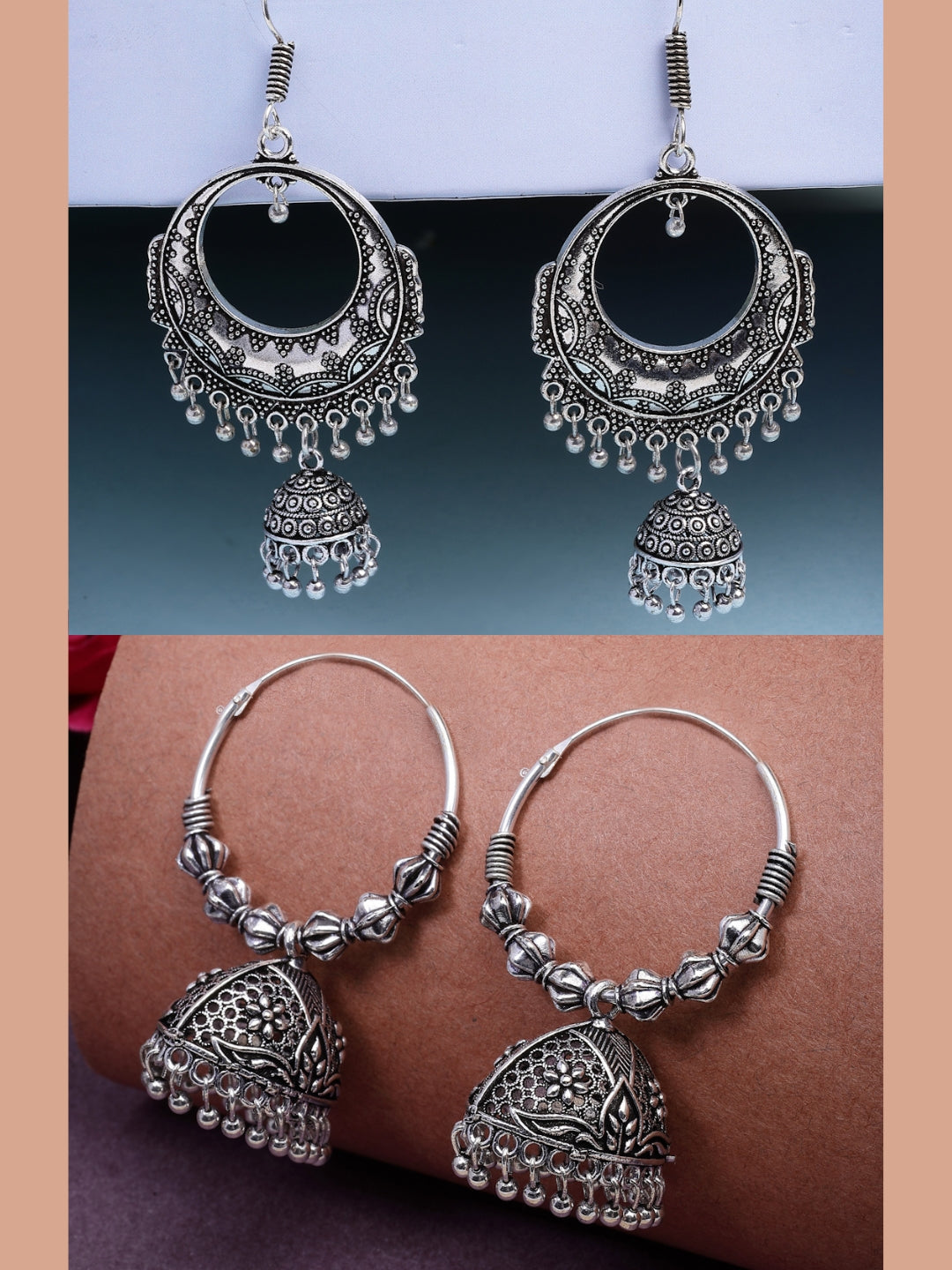 NVR Women's Set of 2 Silver Plated Oxidized Contemporary Jhumka Earrings - Swadesiicart