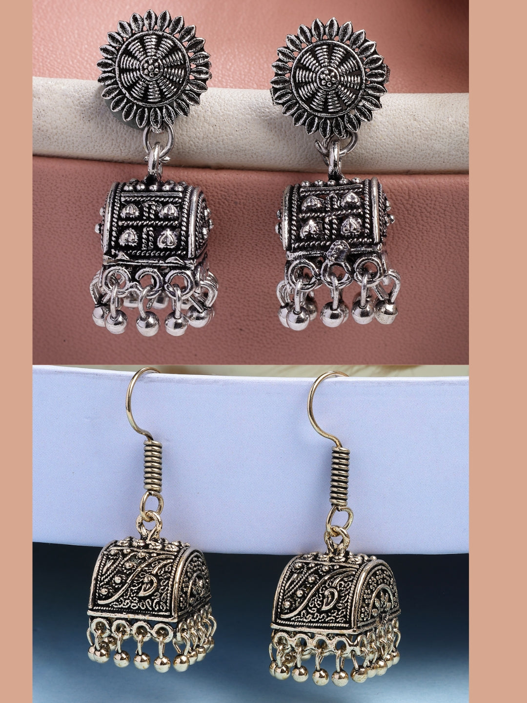 NVR Women Set of 2 Oxidized Contemporary Jhumka Earrings - Swadesiicart