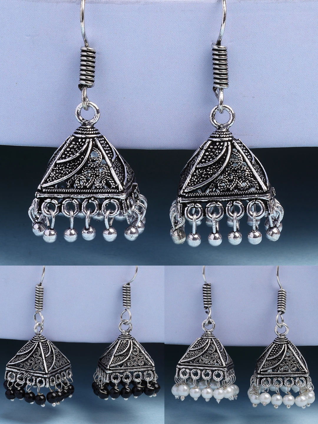 NVR Women's Set of 3 Oxidized Silver Plated Artificial Beads Jhumka Earrings | Swadesiicart