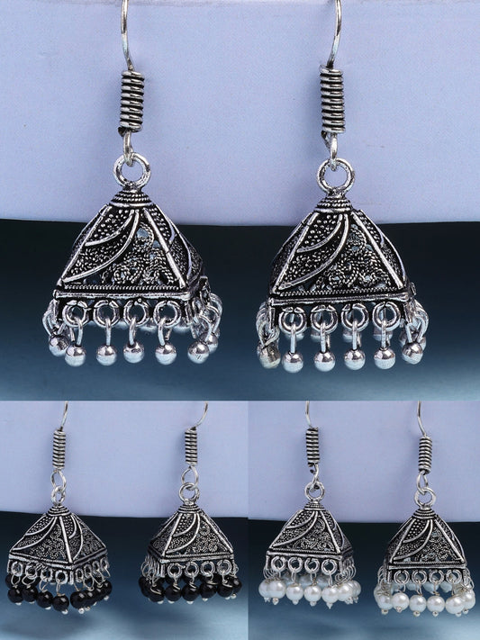 NVR Women's Set of 3 Oxidized Silver Plated Artificial Beads Jhumka Earrings | Swadesiicart