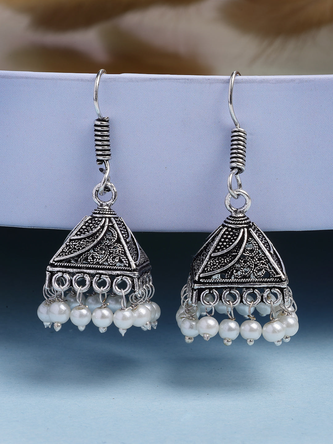 NVR Women's Set of 3 Oxidized Silver Plated Artificial Beads Jhumka Earrings | Swadesiicart