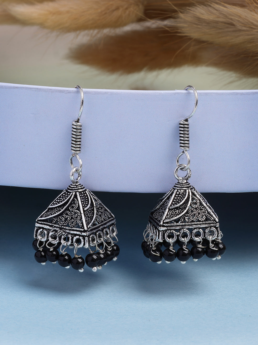 NVR Women's Set of 3 Oxidized Silver Plated Artificial Beads Jhumka Earrings | Swadesiicart