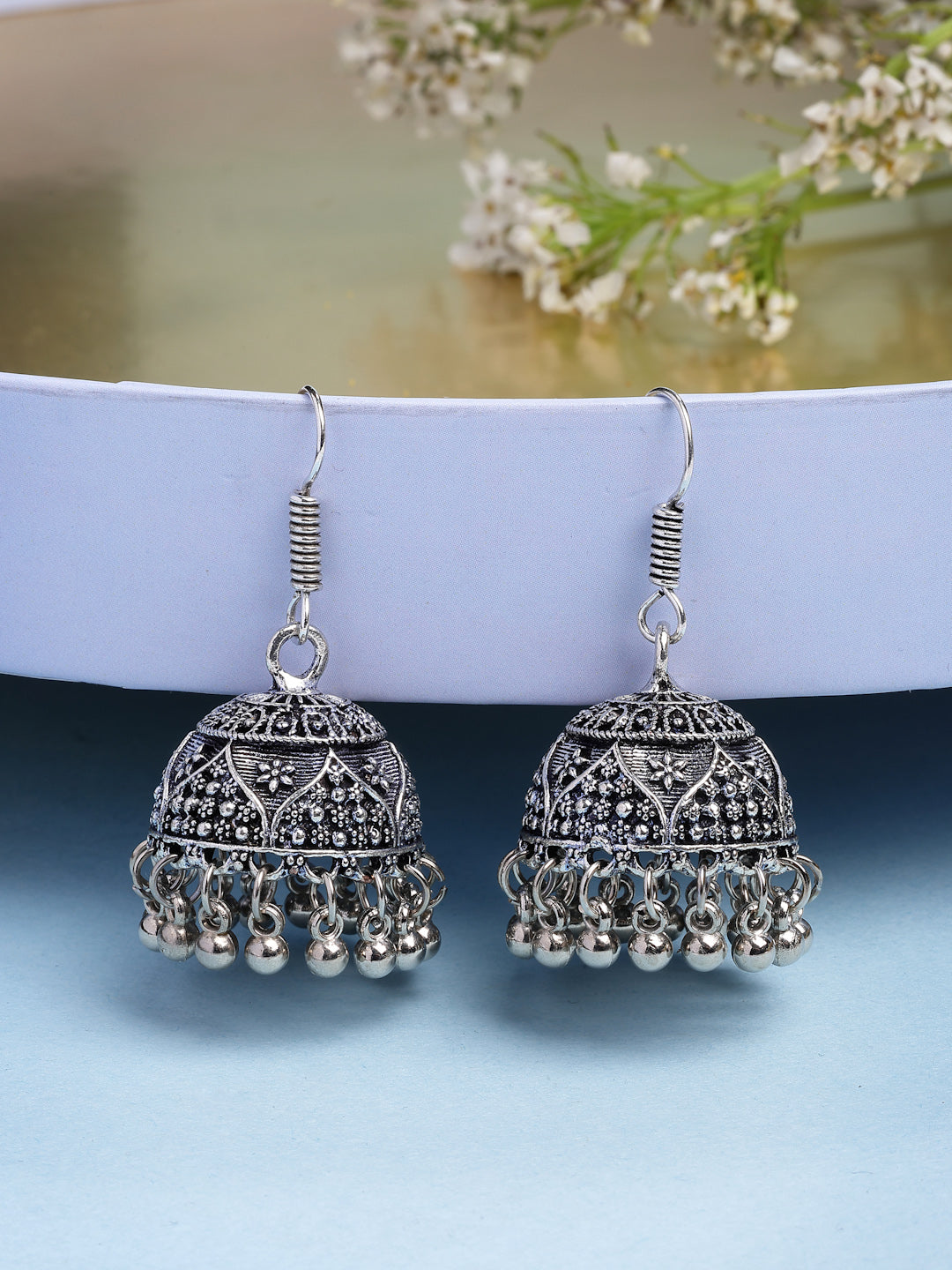 NVR Women Set of 3 German Silver Oxidized Traditional Jhumka Earrings - Swadesiicart