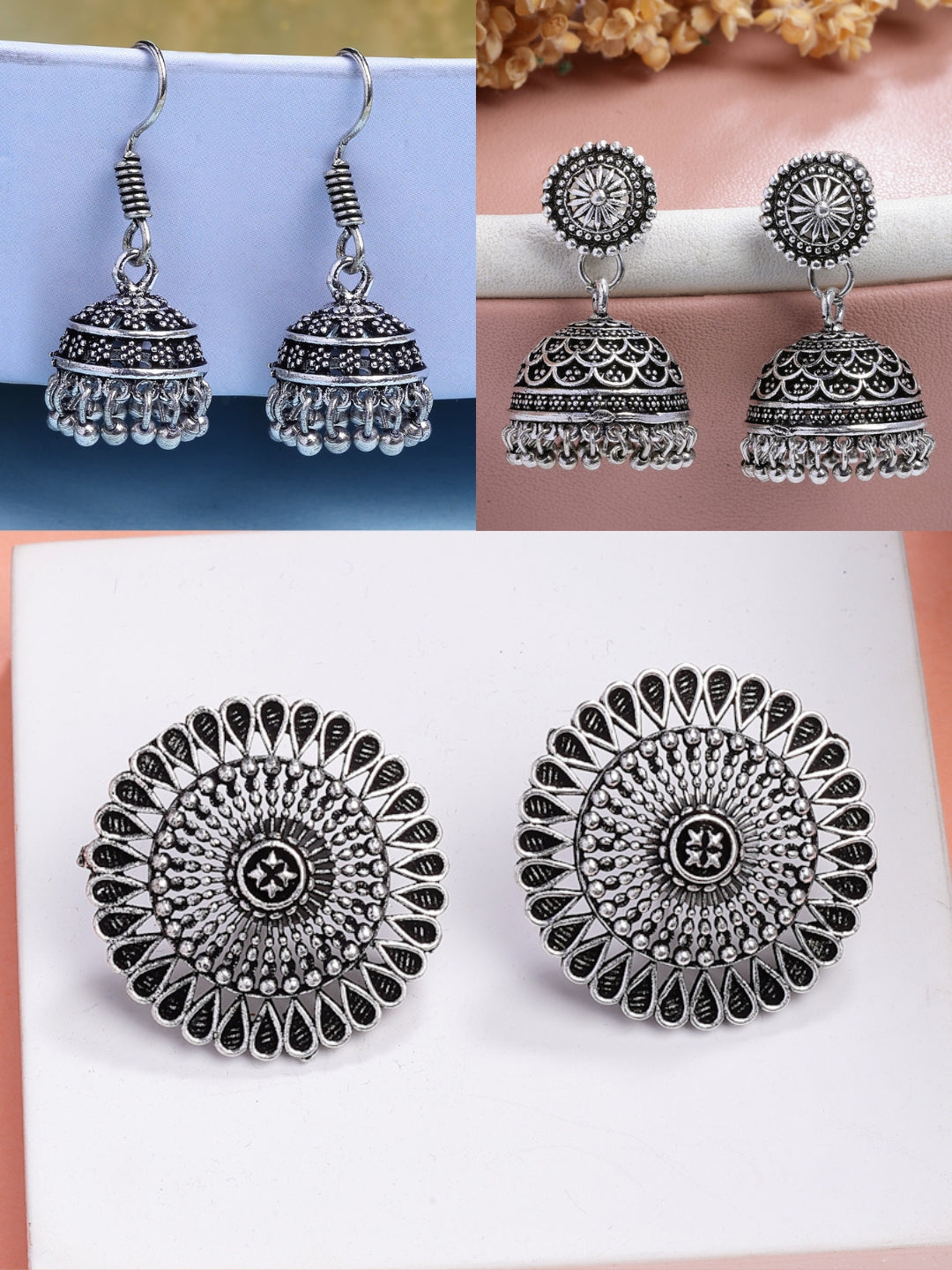 NVR Women Set of 3 Silver Plated Round Shape Oxidized Traditional Jhumka & Stud Earrings - Swadesiicart