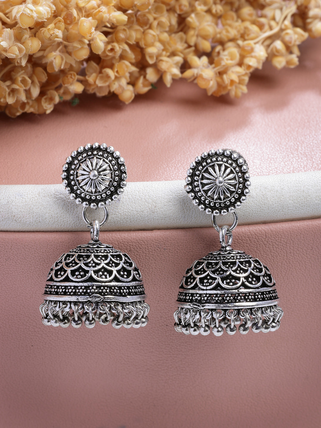 NVR Women Set of 3 Silver Plated Round Shape Oxidized Traditional Jhumka & Stud Earrings - Swadesiicart