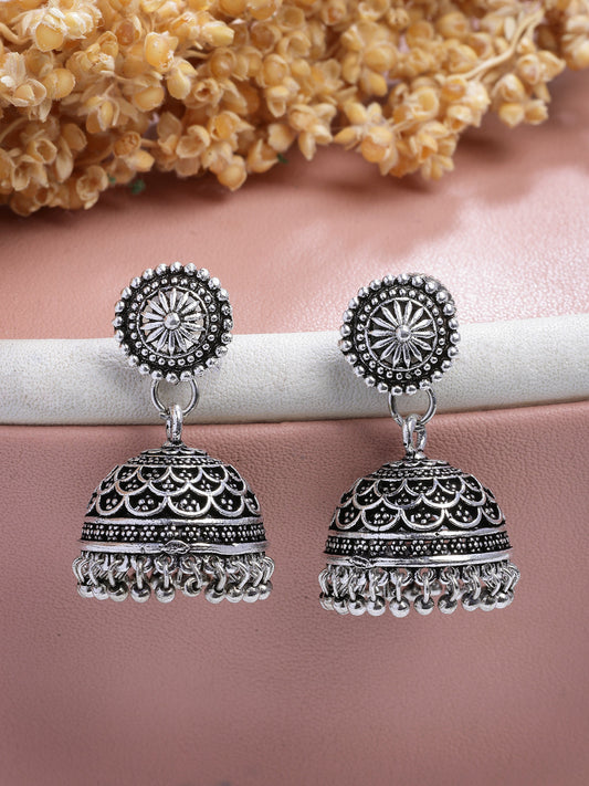 NVR Women Set of 3 Silver Plated Round Shape Oxidized Traditional Jhumka & Stud Earrings - Swadesiicart
