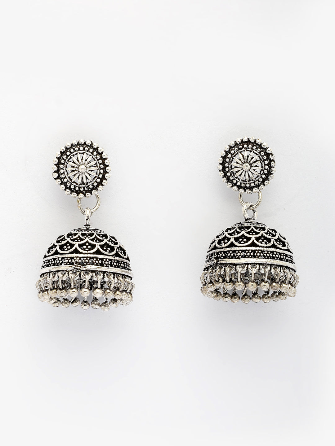 NVR Women Set of 3 Silver Plated Round Shape Oxidized Traditional Jhumka & Stud Earrings - Swadesiicart
