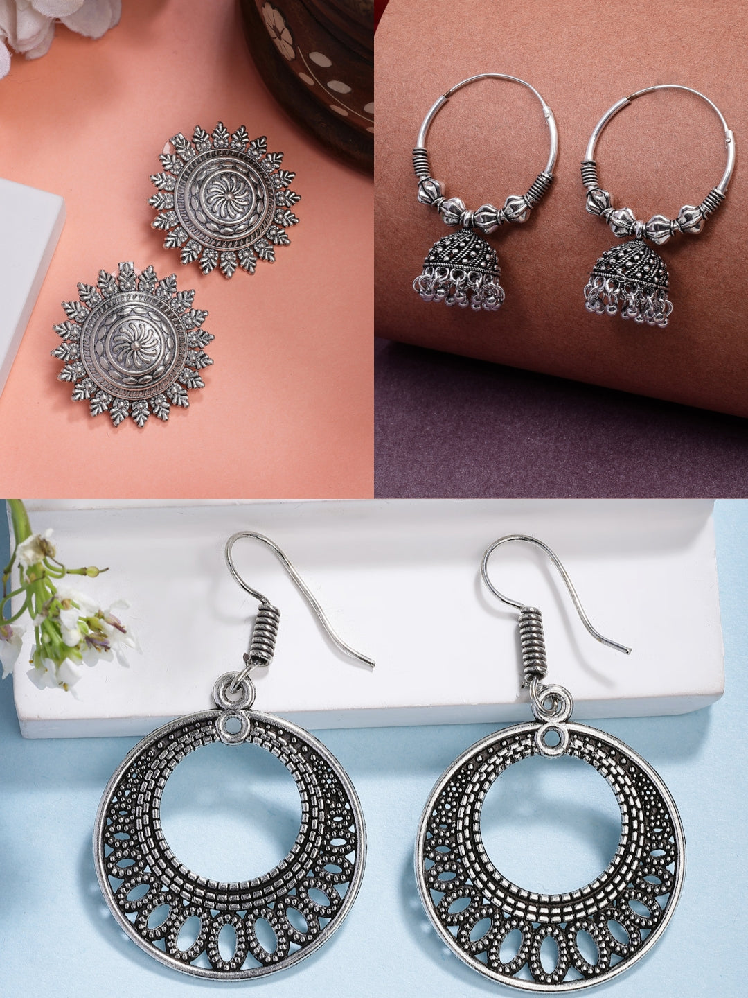 NVR Women Set of 3 Silver Plated Oxidized Traditional Earrings | Swadesiicart