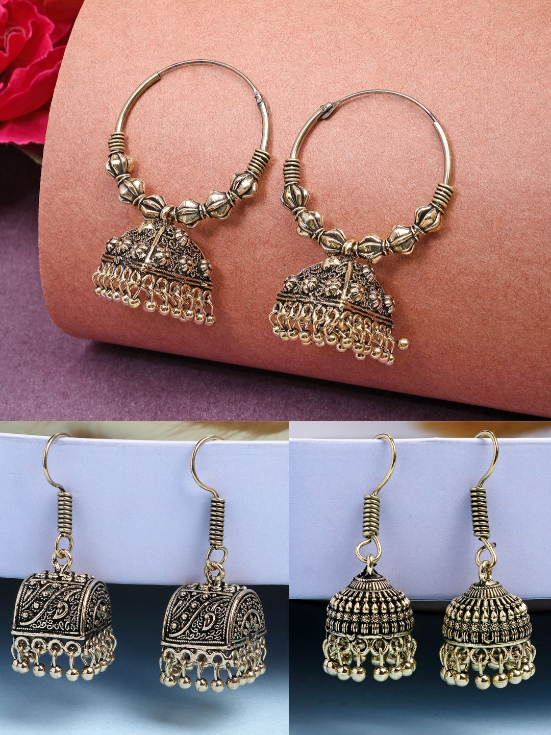 NVR Women Set of 3 Gold-Polished Oxidized Contemporary Jhumka Earrings | Swadesiicart