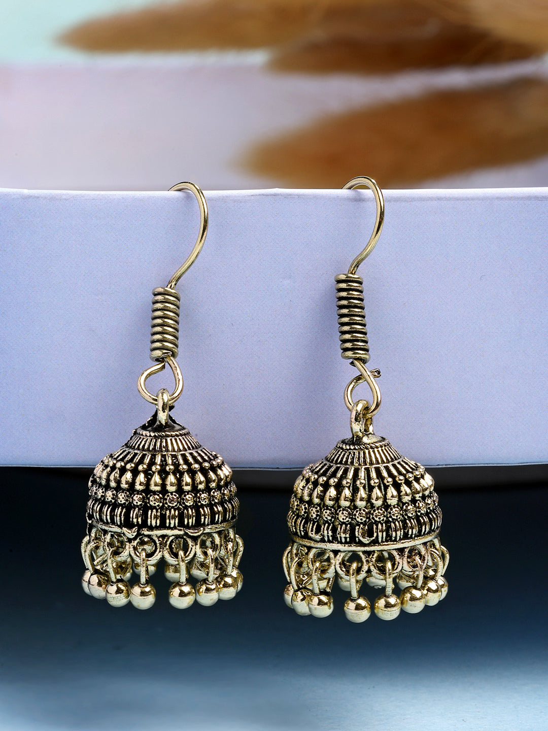 NVR Women Set of 3 Gold-Polished Oxidized Contemporary Jhumka Earrings | Swadesiicart