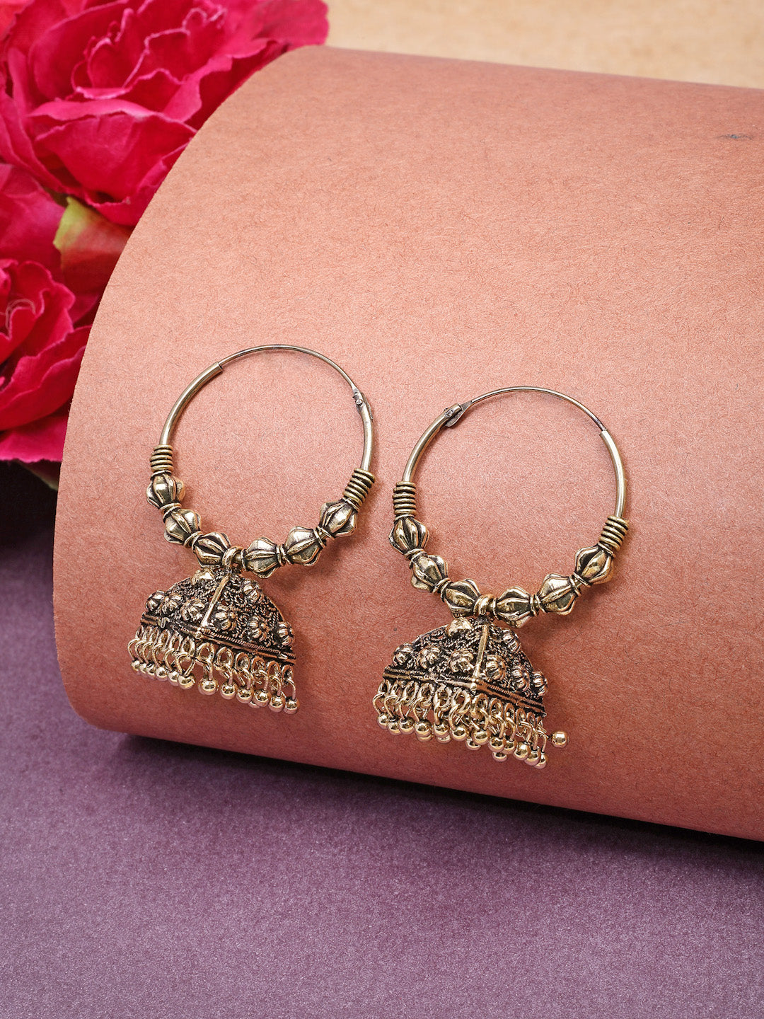 NVR Women Set of 3 Gold-Polished Oxidized Contemporary Jhumka Earrings | Swadesiicart