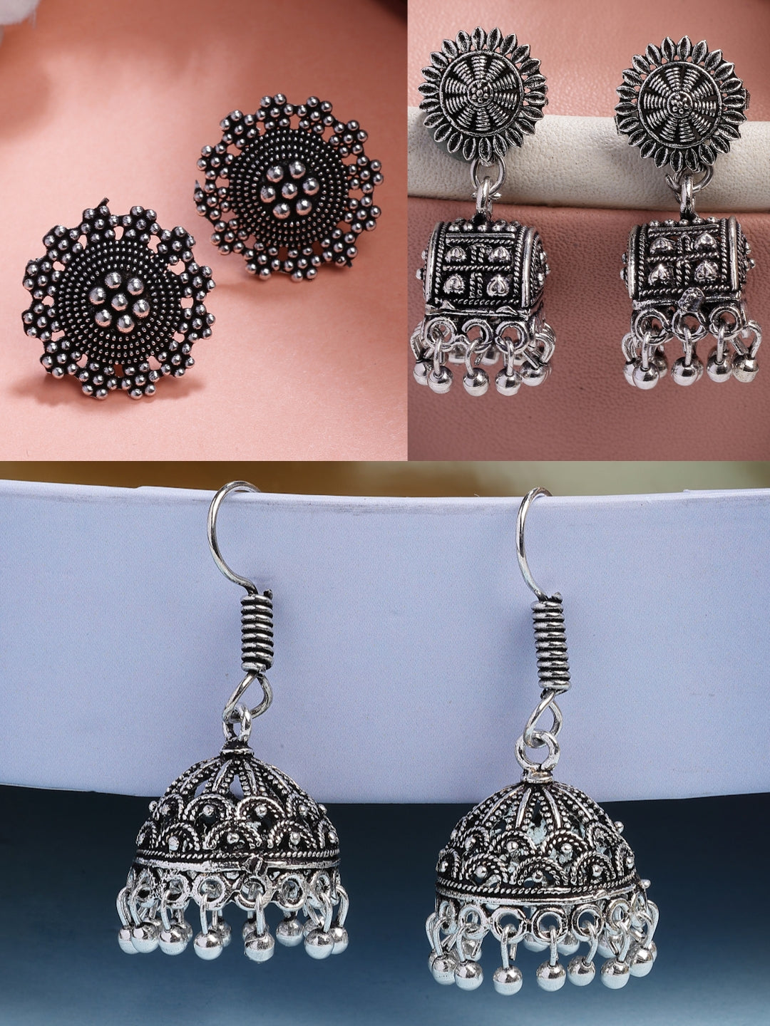 NVR Women Set of 3 Silver-Plated Oxidized Contemporary Jhumkas & Stud Earrings | Swadesiicart