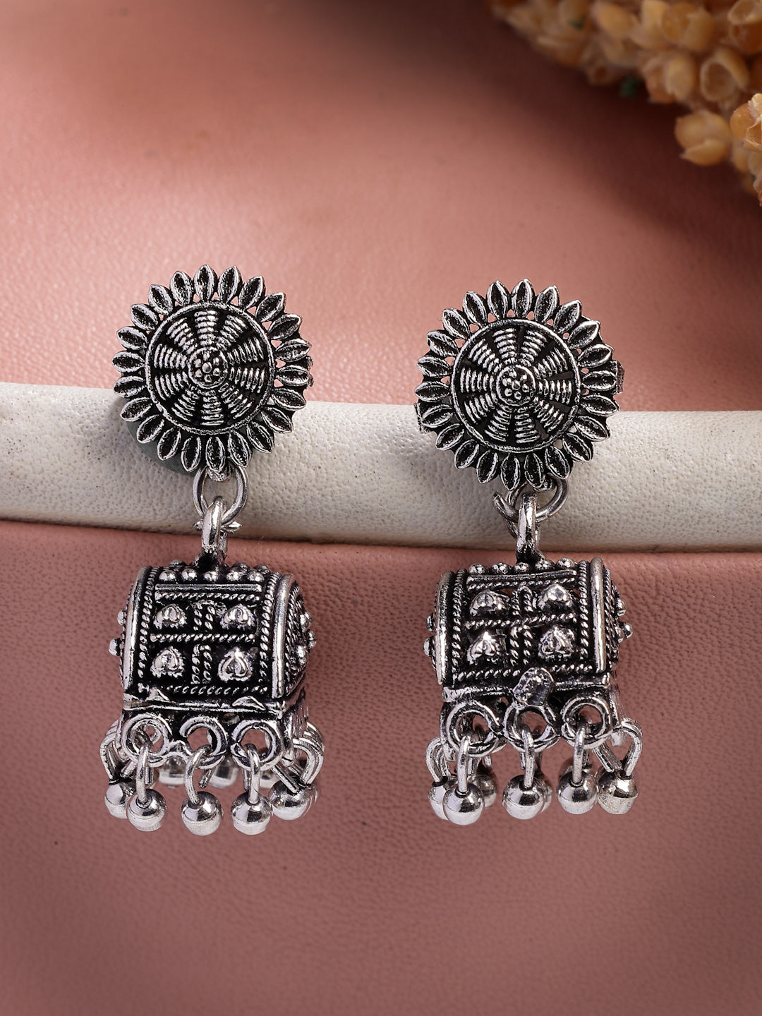 NVR Women Set of 3 Silver-Plated Oxidized Contemporary Jhumkas & Stud Earrings | Swadesiicart