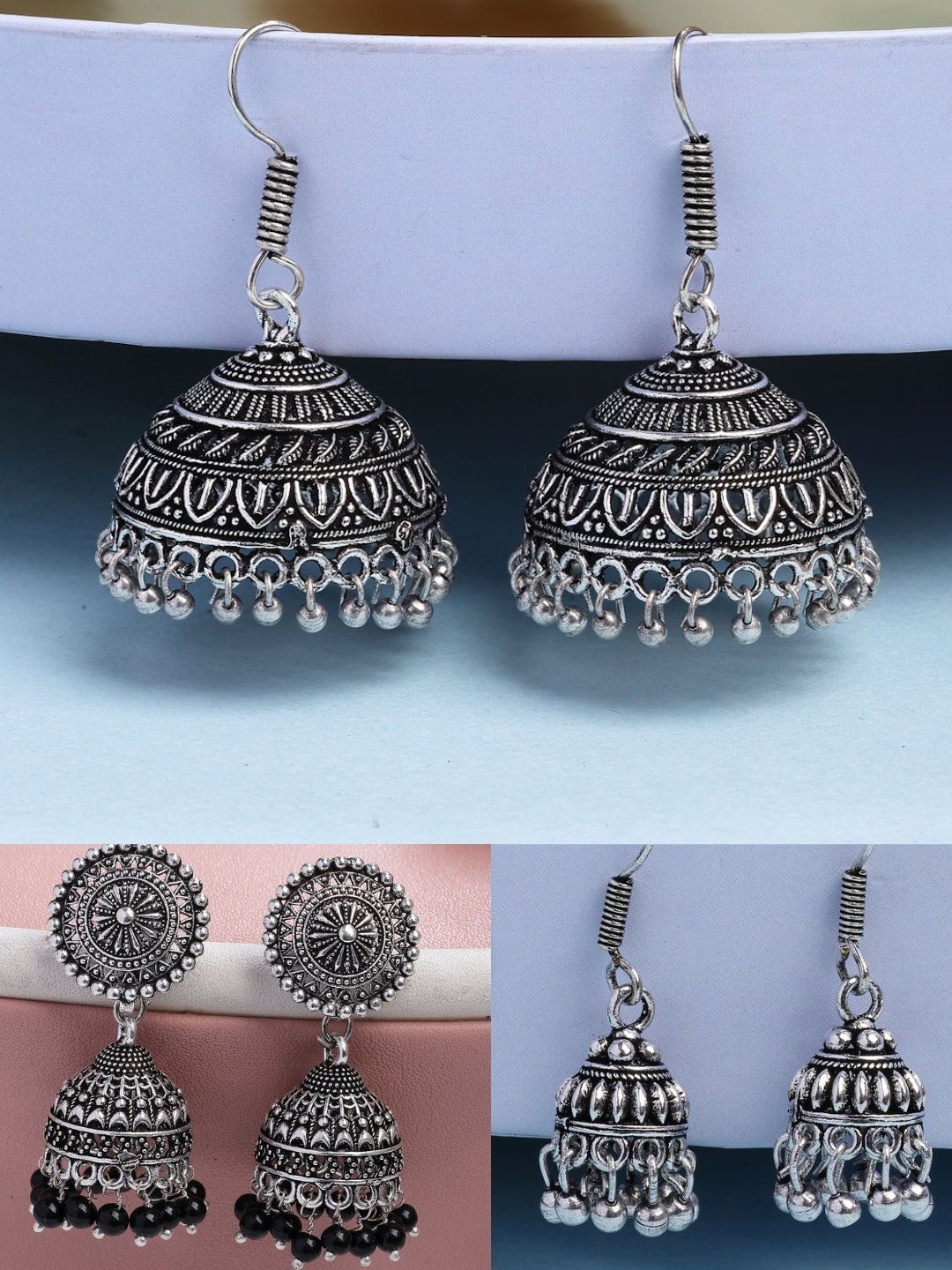 NVR Women's Set of 3 Traditional Silver Plated Oxidized Jhumka Earrings | Swadesiicart