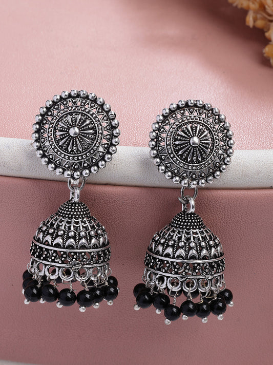 NVR Women's Set of 3 Traditional Silver Plated Oxidized Jhumka Earrings | Swadesiicart