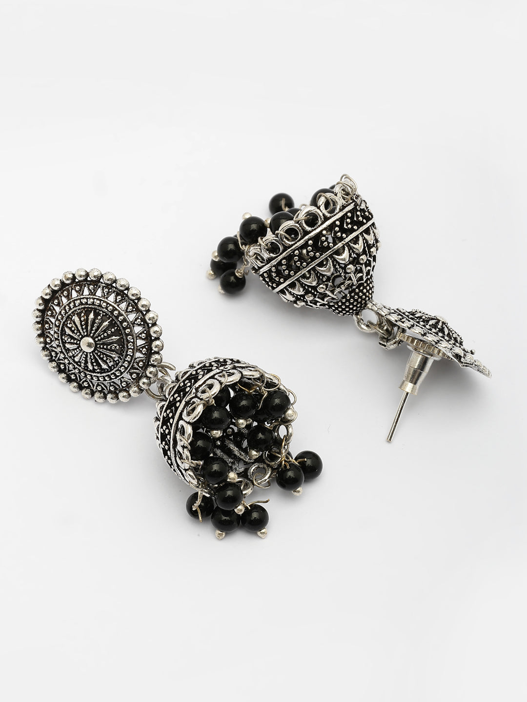 NVR Women's Set of 3 Traditional Silver Plated Oxidized Jhumka Earrings | Swadesiicart