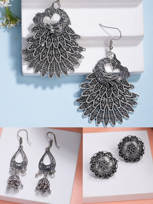 NVR Women's Set of 3 Silver Plated Oxidized Fashion Traditional Earrings - Swadesiicart