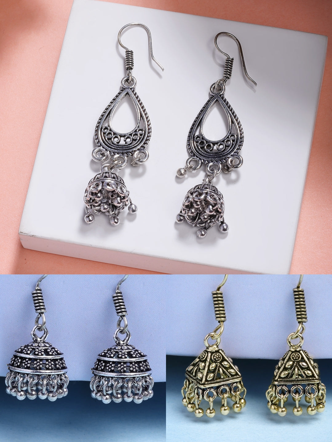 NVR Women Set of 3 Oxidized Traditional Fashion Earrings - Swadesiicart