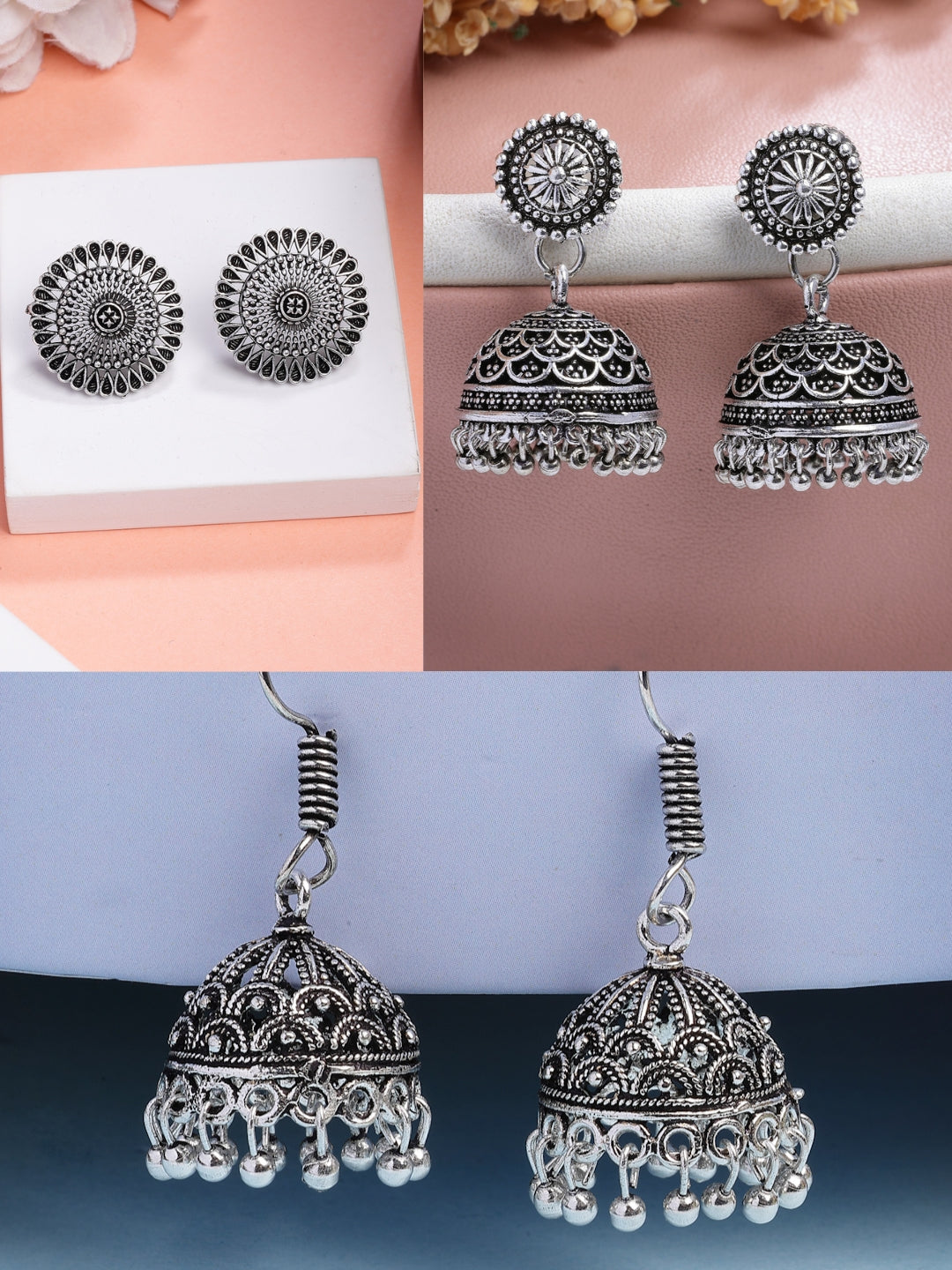 NVR Women Set of 3 Silver Plated Oxidized Traditional Jhumka & Stud Earrings | Swadesiicart