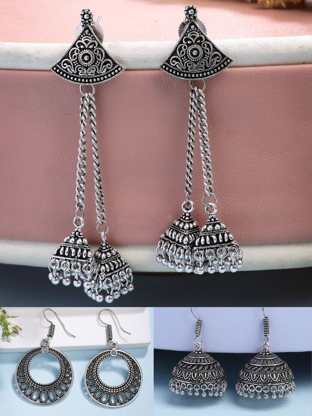 NVR Women Ethnic Set of 3 Oxidized Silver-Plated Jhumka & Chandbali Earrings | Swadesiicart