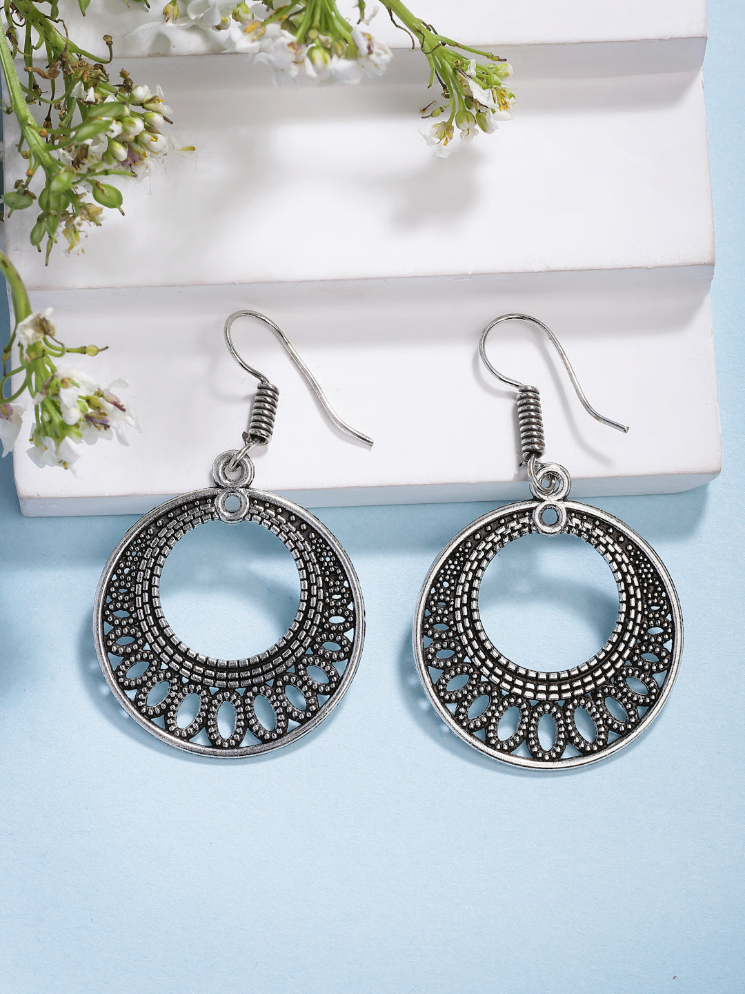 NVR Women Ethnic Set of 3 Oxidized Silver-Plated Jhumka & Chandbali Earrings | Swadesiicart