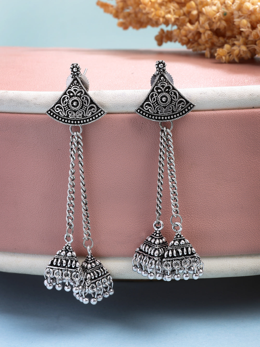 NVR Women Ethnic Set of 3 Oxidized Silver-Plated Jhumka & Chandbali Earrings | Swadesiicart