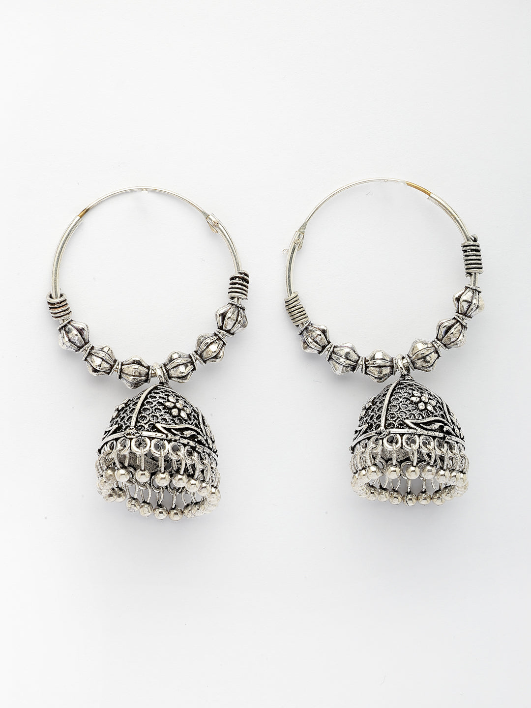 NVR Women's Set of 3 Silver Plated Oxidized Contemporary Jhumka Earrings | Swadesiicart