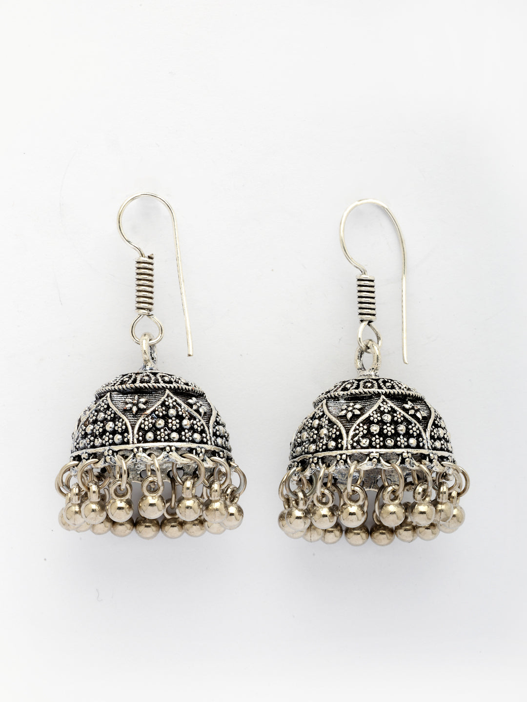 NVR Women's Set of 3 Silver Plated Oxidized Contemporary Jhumka Earrings | Swadesiicart