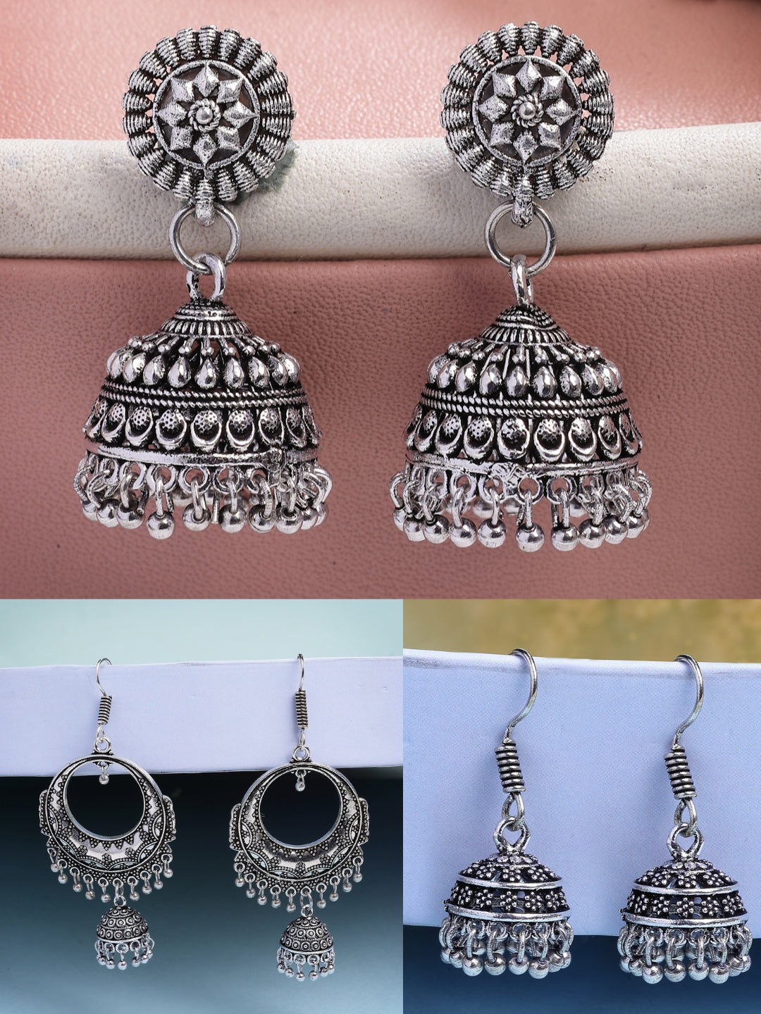 NVR Women Set of 3 Silver Plated Oxidized Traditional Jhumka Earrings - Swadesiicart