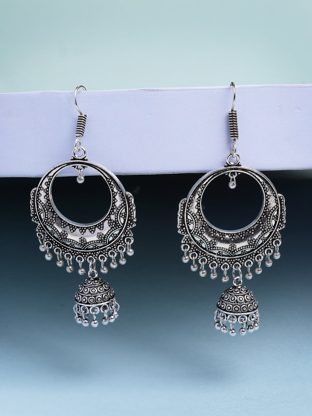 NVR Women Set of 3 Silver Plated Oxidized Traditional Jhumka Earrings - Swadesiicart