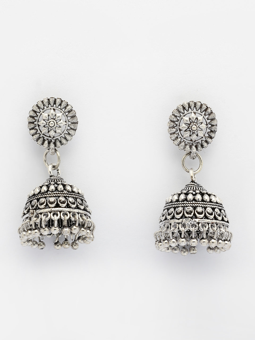 NVR Women Set of 3 Silver Plated Oxidized Traditional Jhumka Earrings - Swadesiicart