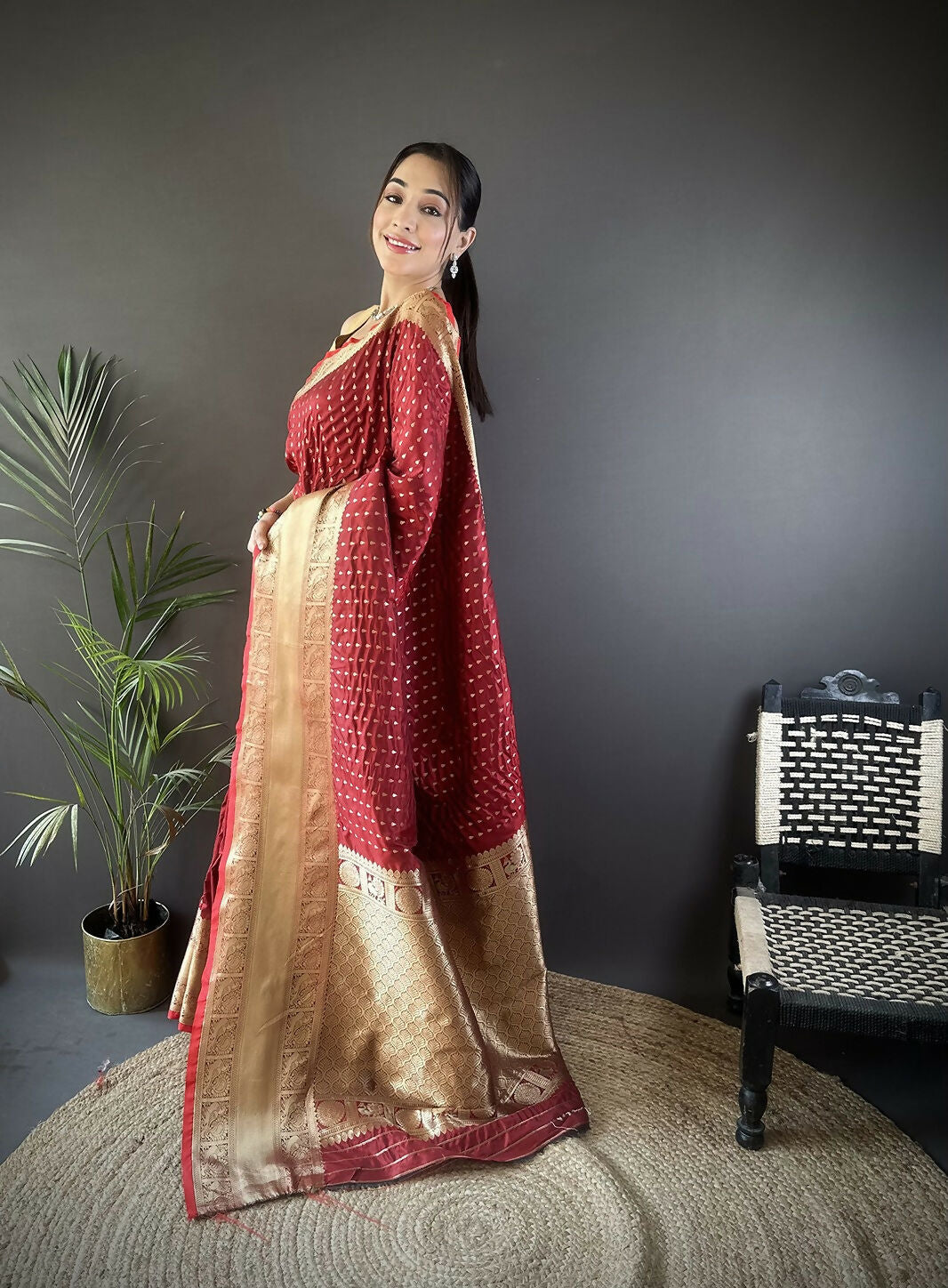 Joban Fashion Brick Red Small Butti Banarasi Silk Sarees | Swadesiicart
