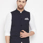 Even Apparels Navy Merino Men's Nehru Jacket-Contrast Lining-Inbuilt Pocket Square | Swadesiicart
