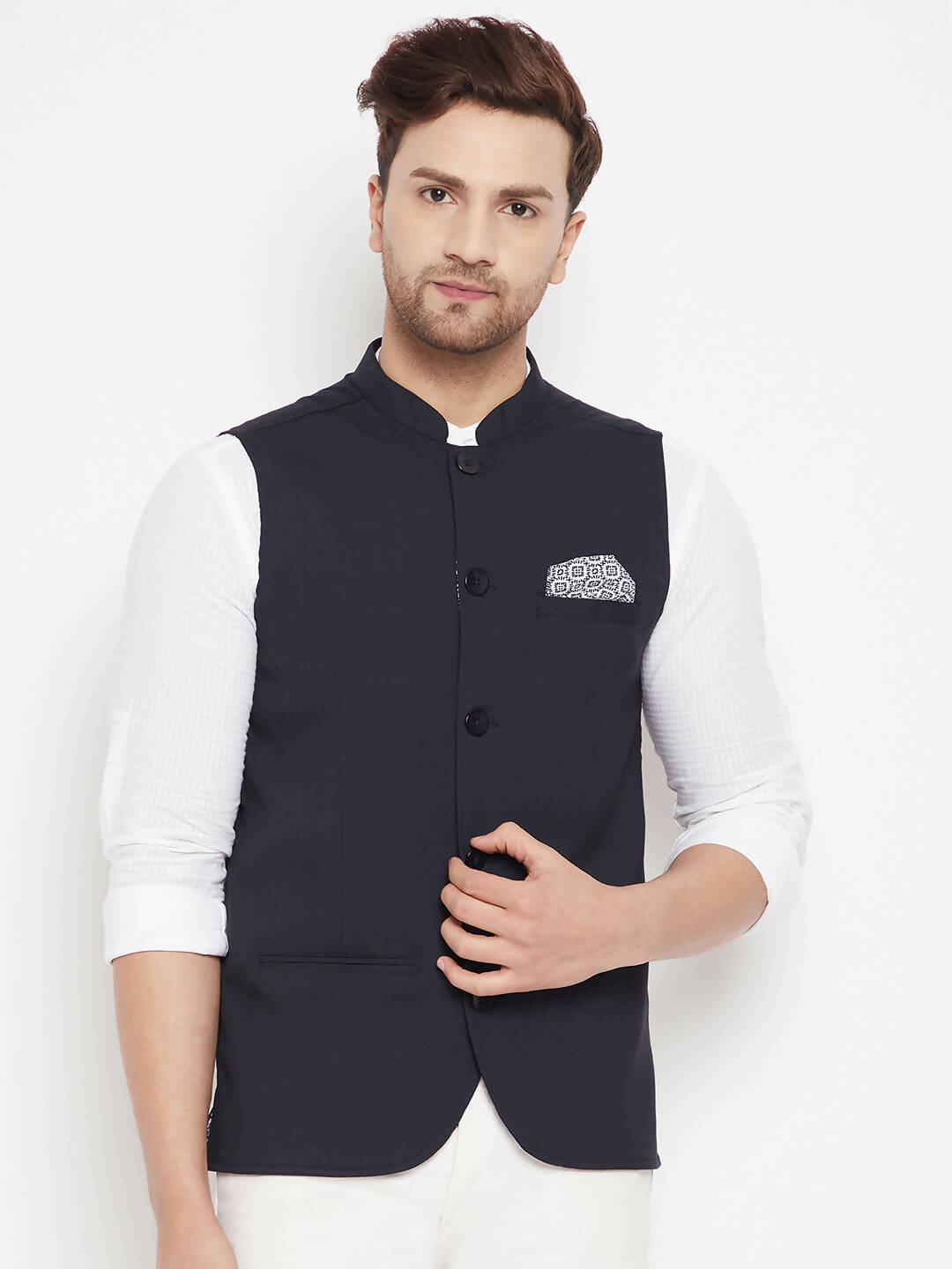 Even Apparels Navy Merino Men's Nehru Jacket-Contrast Lining-Inbuilt Pocket Square | Swadesiicart