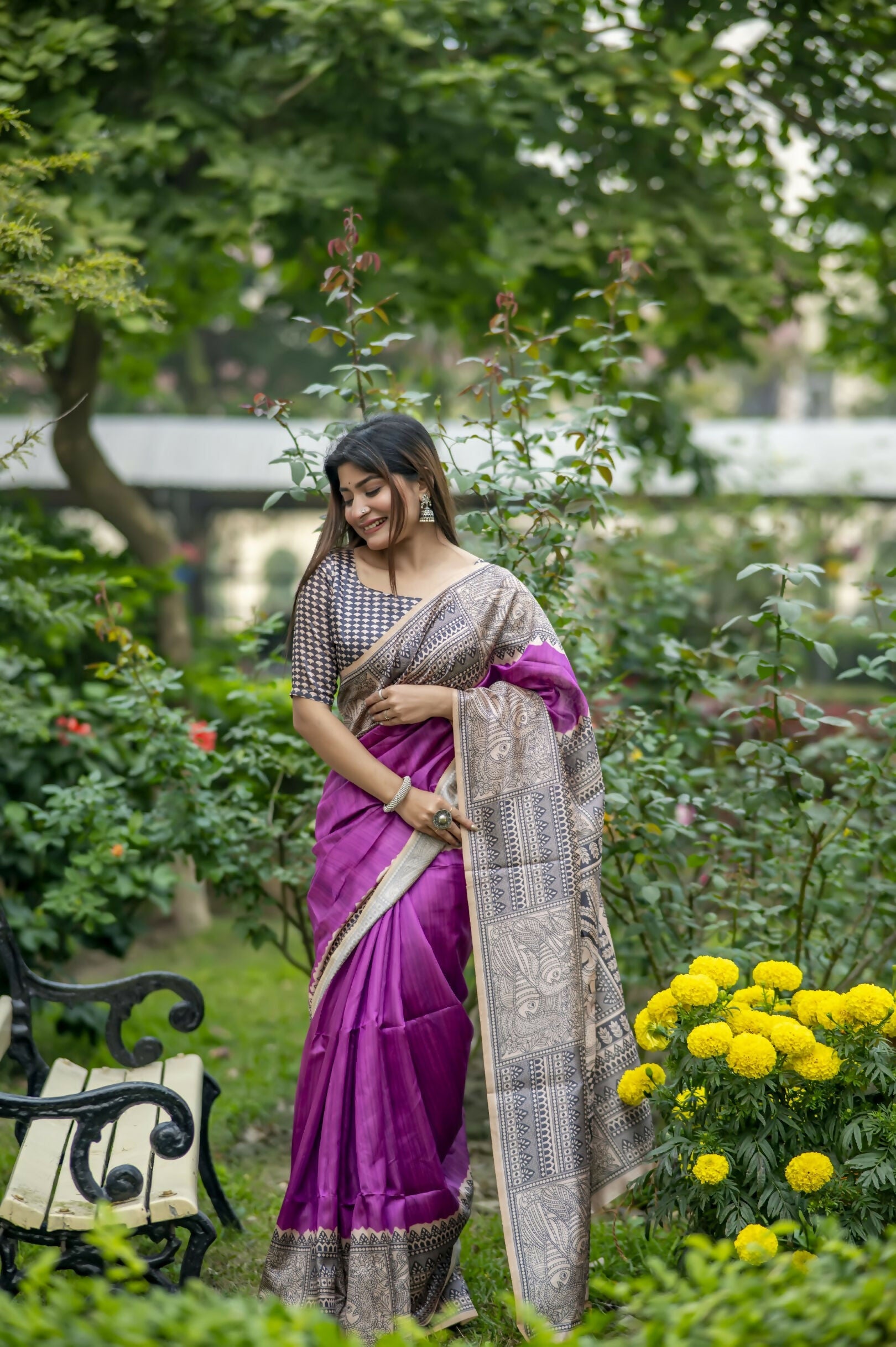 Vishnu Weaves Women's Wine Soft Tussar Silk Saree with Blouse - Swadesiicart