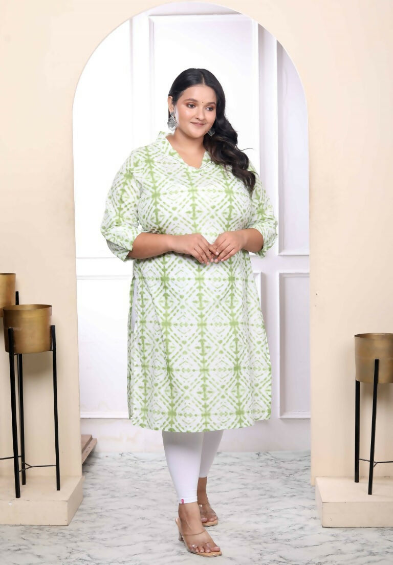 Miravan Women's Plus Size White And Green Tie Dye Cotton Kurti - Swadesiicart