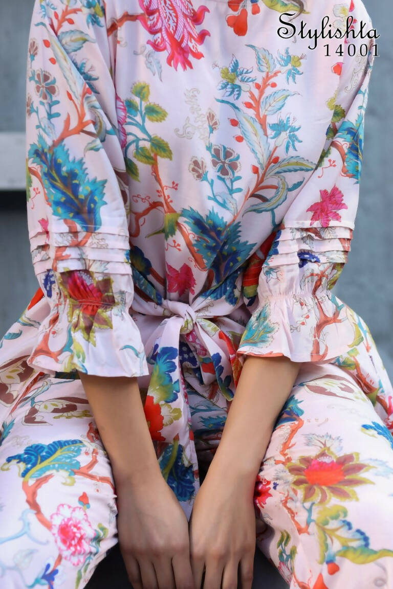 Women's Partywear Designer White & Multi Muslin co-ord set - Stylishta - Swadesiicart