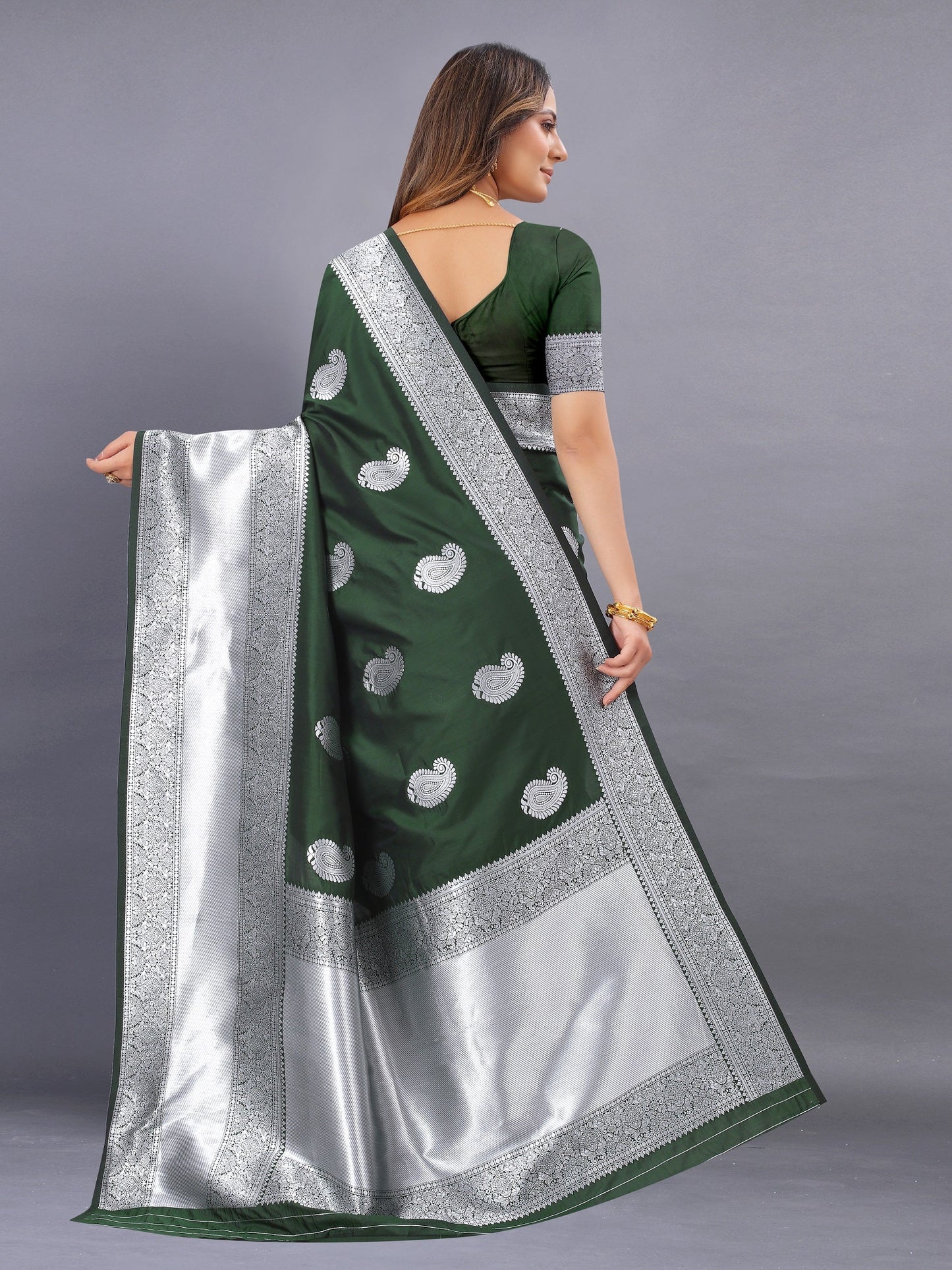 Vedant Vastram Soft Litchi Silk Banarasi Silk Saree - Mehndi | Swadesiicart