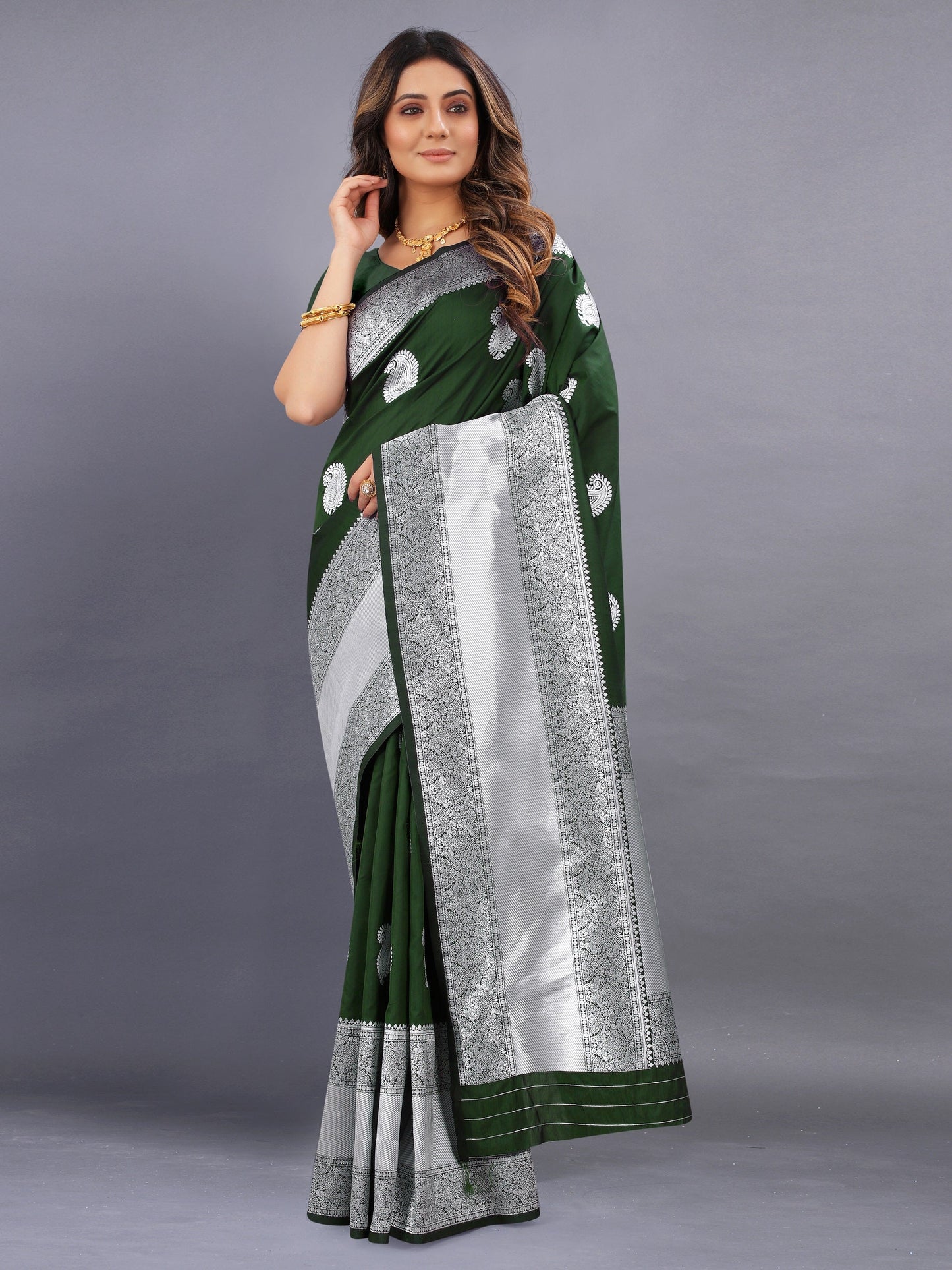 Vedant Vastram Soft Litchi Silk Banarasi Silk Saree - Mehndi | Swadesiicart