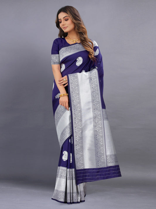 Vedant Vastram Soft Litchi Silk Banarasi Silk Saree - Navy | Swadesiicart