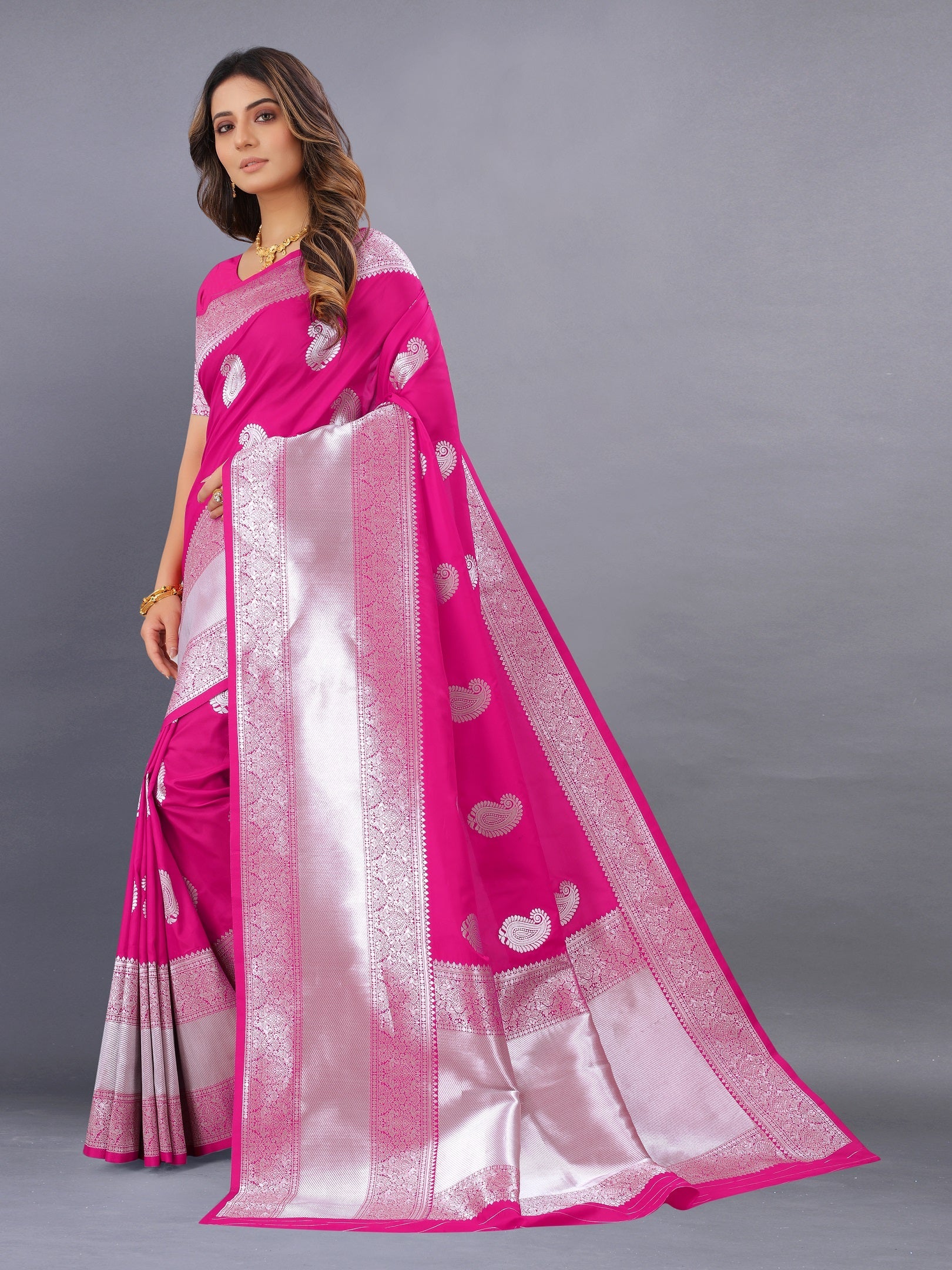 Vedant Vastram Soft Litchi Silk Banarasi Silk Saree - Pink | Swadesiicart