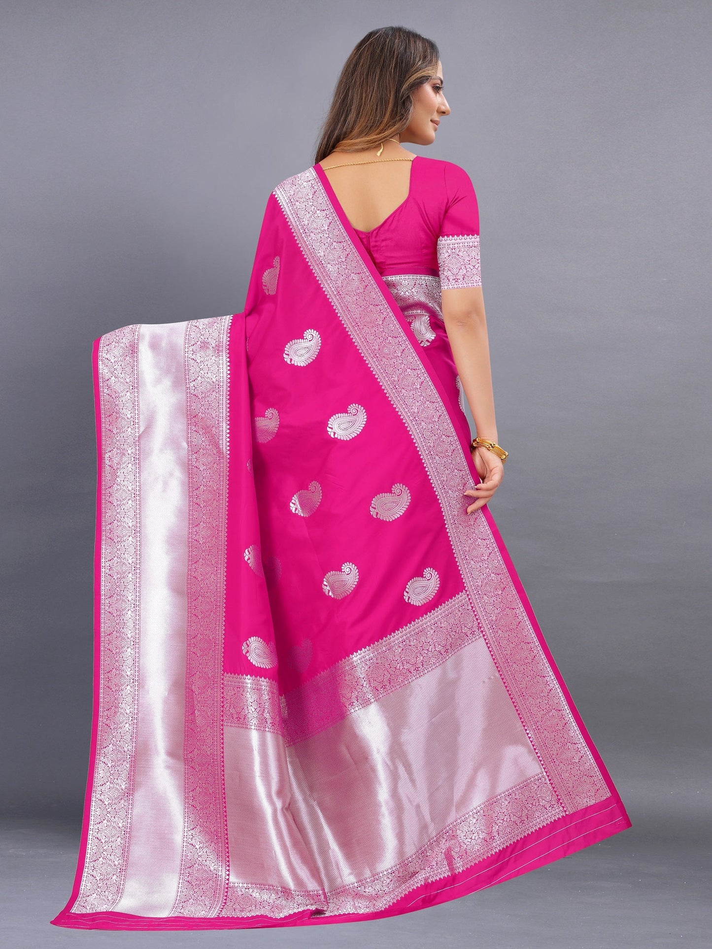 Vedant Vastram Soft Litchi Silk Banarasi Silk Saree - Pink | Swadesiicart