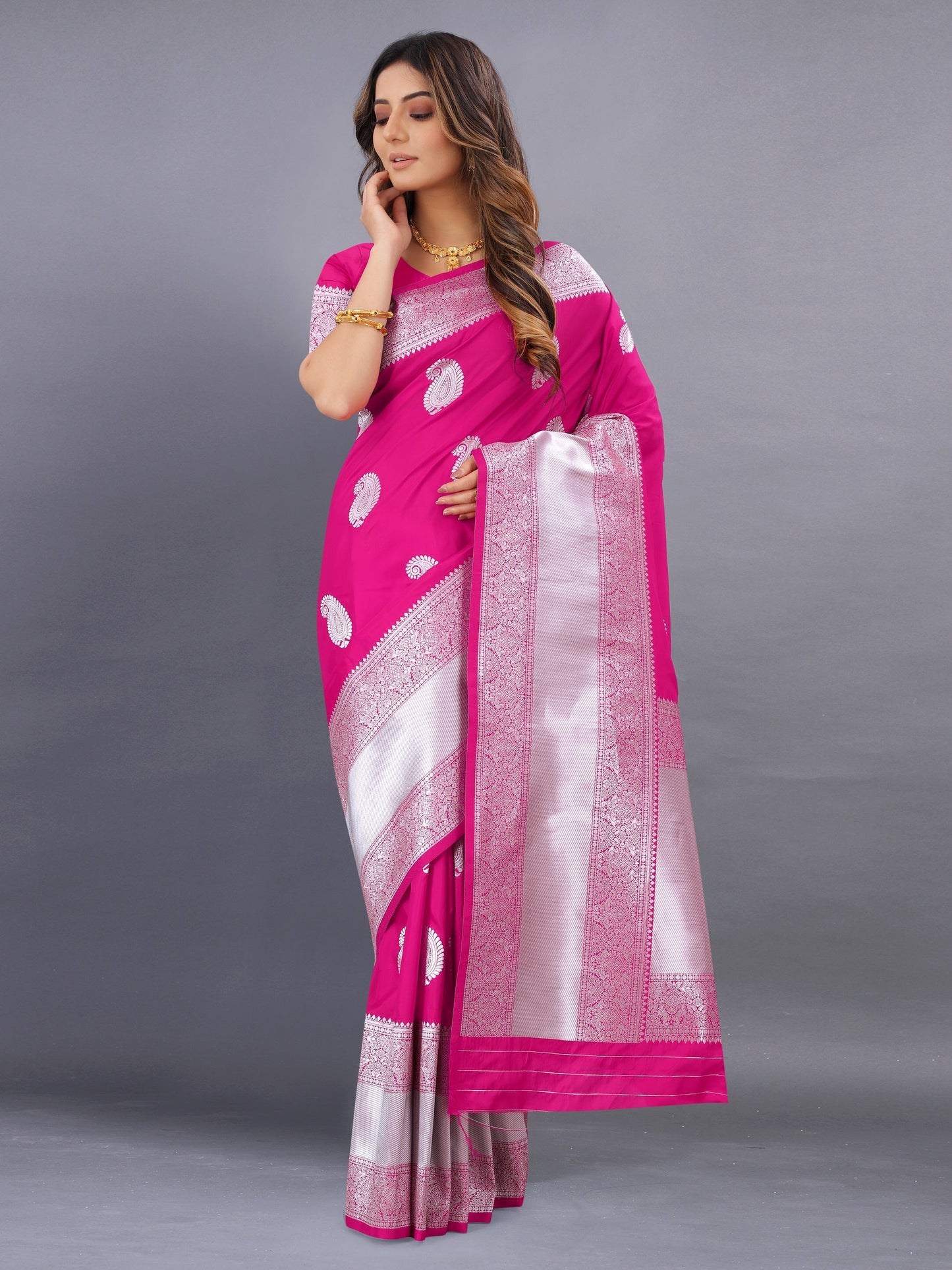 Vedant Vastram Soft Litchi Silk Banarasi Silk Saree - Pink | Swadesiicart