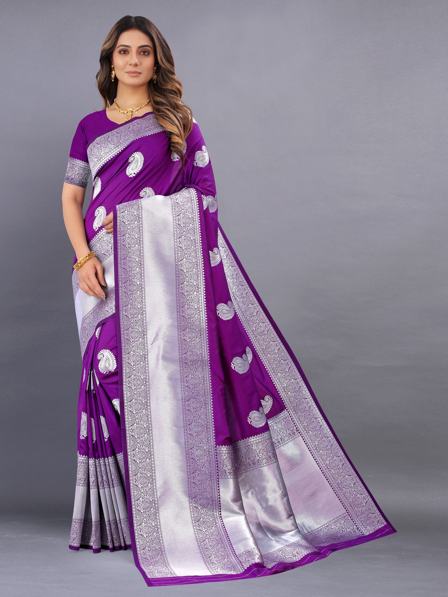 Vedant Vastram Soft Litchi Silk Banarasi Silk Saree - Purple | Swadesiicart