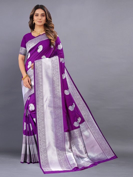 Vedant Vastram Soft Litchi Silk Banarasi Silk Saree - Purple | Swadesiicart