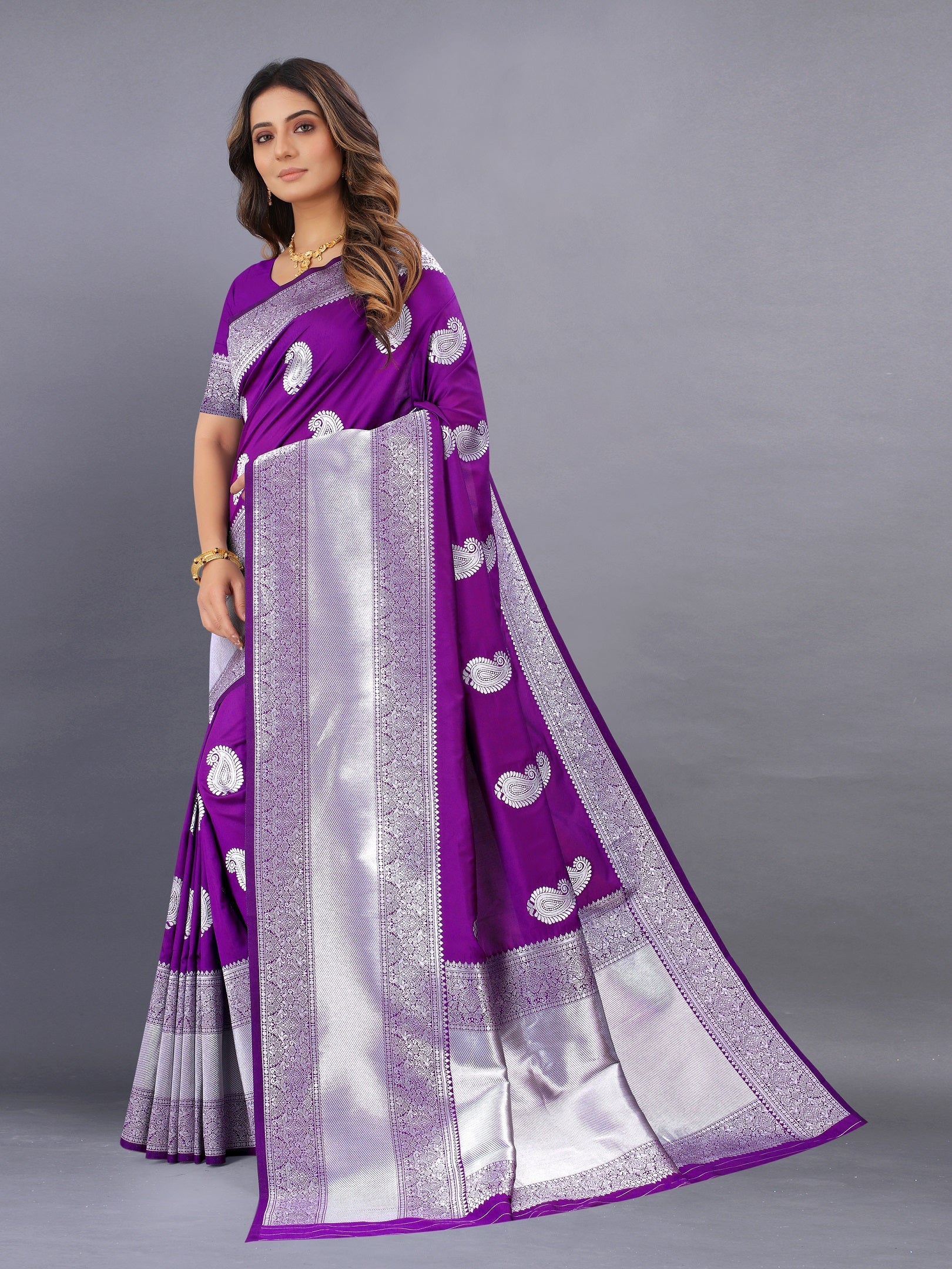 Vedant Vastram Soft Litchi Silk Banarasi Silk Saree - Purple | Swadesiicart